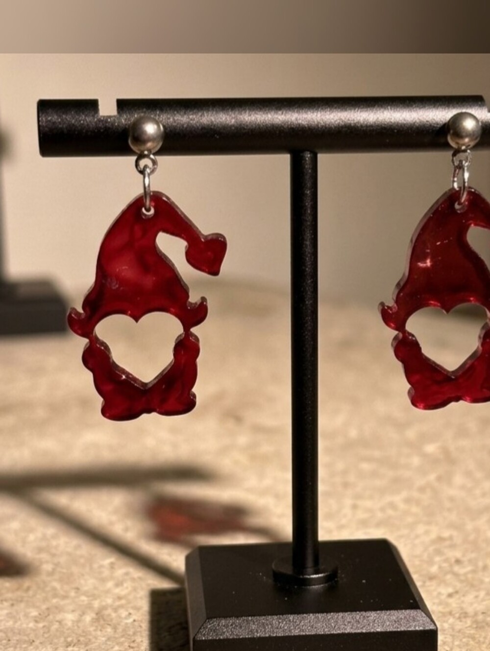 Handmade Translucent Red Resin Gnome Heart Dangle Earrings | Holiday Christmas